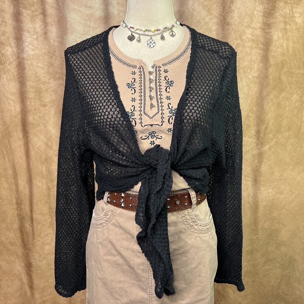 Y2k Crochet Knit Cardigan Sweater Black Tie Front Long Sleeve Indie Grunge Goth